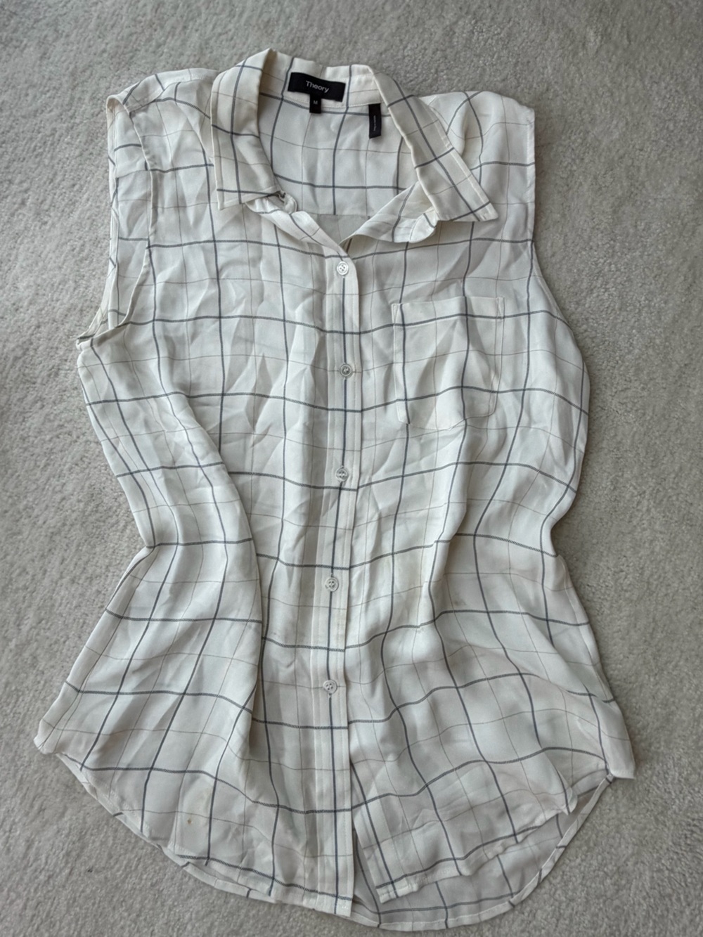 Theory 100% Silk Off White Cream Plaid Sleeveless Button-Down Shirt
